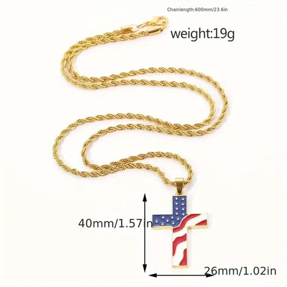 Unique American Flag Patriotic Cross Pendant Necklace - Stainless Steel - Picture 2 of 3